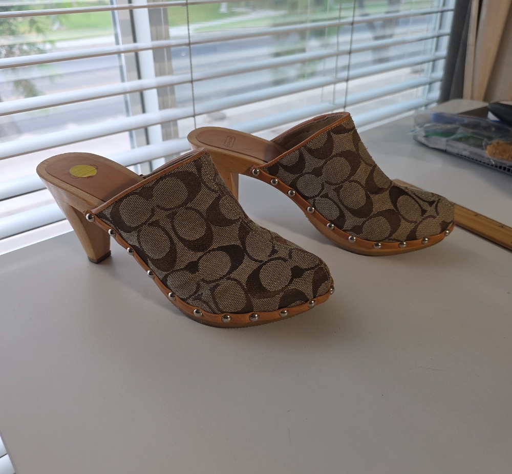 Coach Tan/Brown Signature Canvas Studded Mule Heels